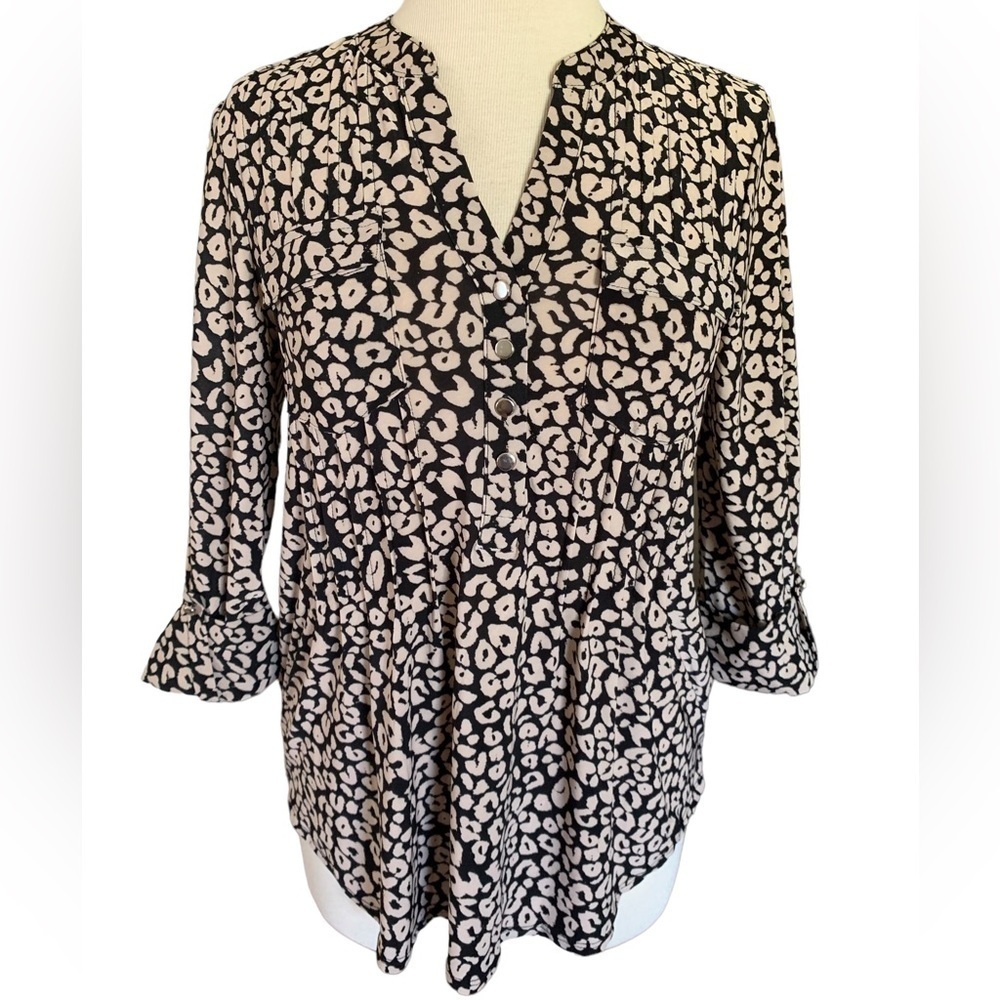 COCOMO Small Black Taupe 3/4 sleeve women's Pintuck Blouse top shirt